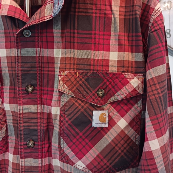 Carhartt Relaxed Fit Rugged Flex Red and Tan Plaid Shirt Mens XL - Picture 3 of 9